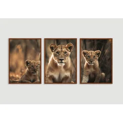 "Leoa com dois filhotes" Conjunto de quadros decorativos