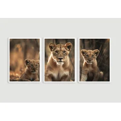 "Leoa com dois filhotes" Conjunto de quadros decorativos