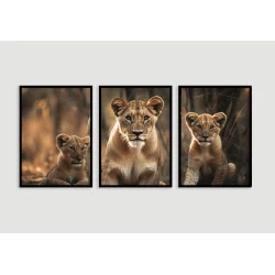 "Leoa com dois filhotes" Conjunto de quadros decorativos