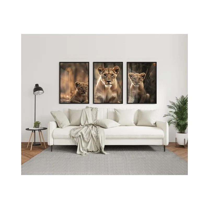 "Leoa com dois filhotes" Conjunto de quadros decorativos