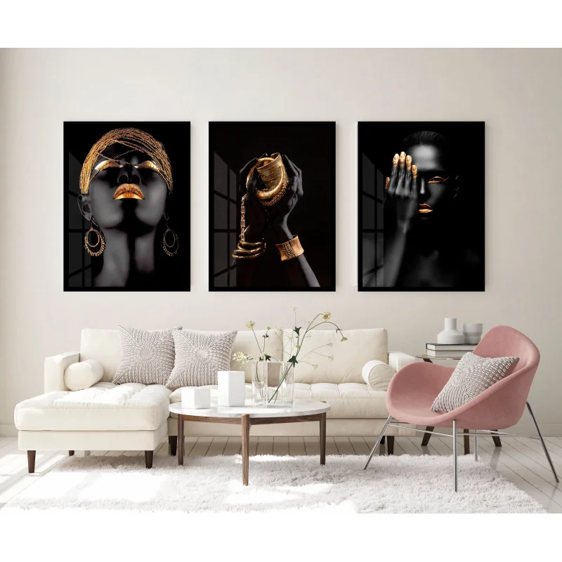 "Trio Mulher negra dourado" Conjunto de quadros decorativos