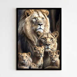 "Família leão 3 filhotes" Quadro de decoração