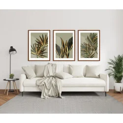 "Trio folhagens douradas" Conjunto de quadros decorativos