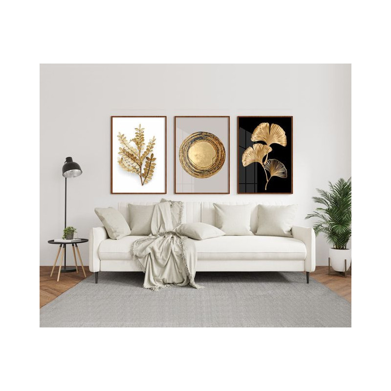 Folhas douradas trio Conjunto de quadros decorativos - ArteLinear