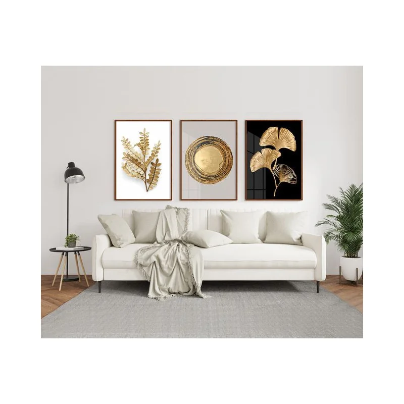 "Trio abstrato folhas douradas" Conjunto de quadros decorativos