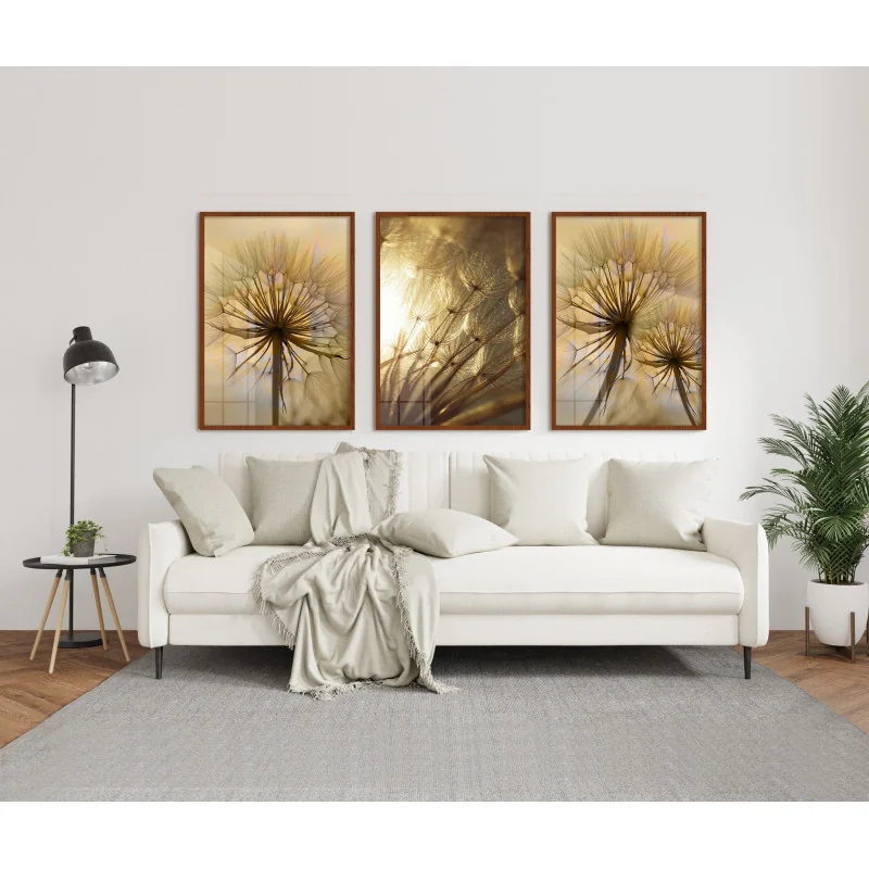 "Trio dente de leão dourado" Conjunto de quadros decorativos